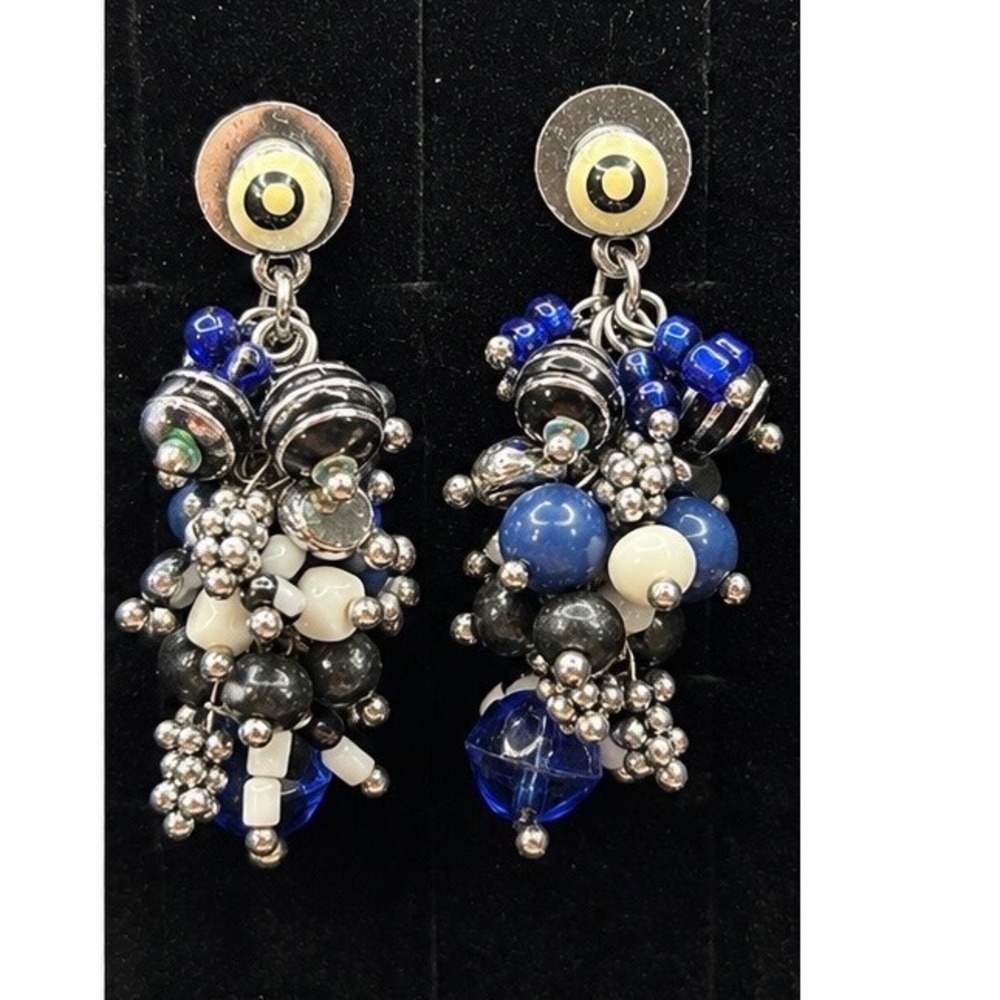 Vintage Beaded Cluster Earrings Blue Black Silver Tone Boho‎ Dangle  Earrings